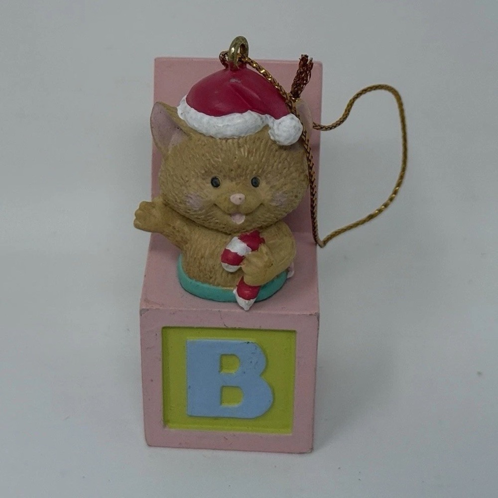 Russ Cat in a Box Ornament, Vintage Christmas Tree Ornament, Baby Block Ornament